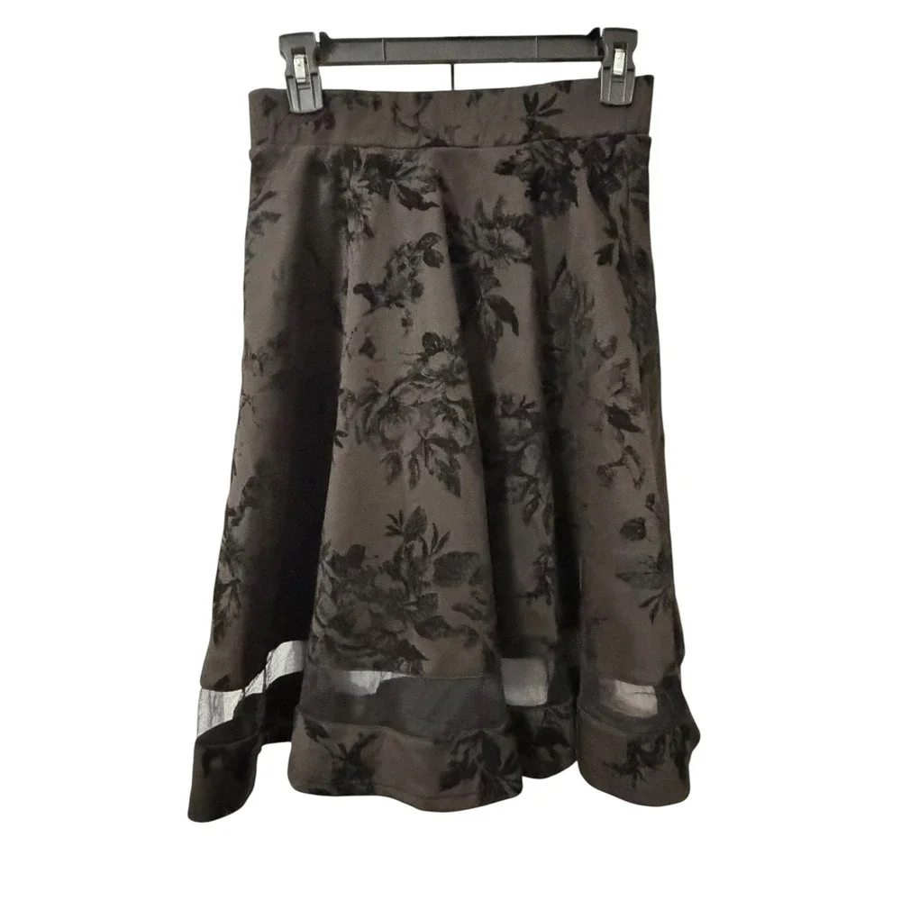 Faith and Joy Black Floral Burnout Mesh Hem Midi A-Line‎ SkirtWomens M
